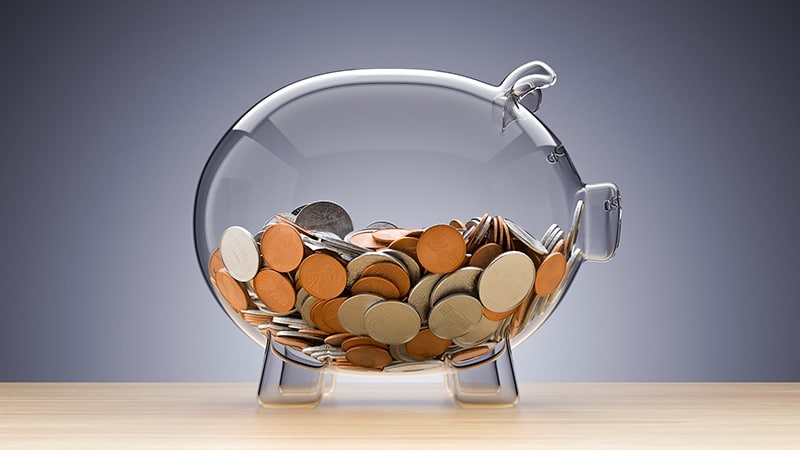 Glass piggy bank with coins , 3d render