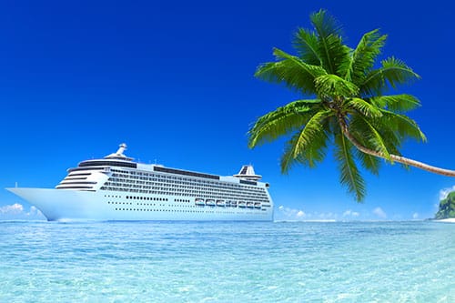 Our designed 3D rendered Cruise ship with blue Sky, Turquoise sea and white sand, green palm trees.