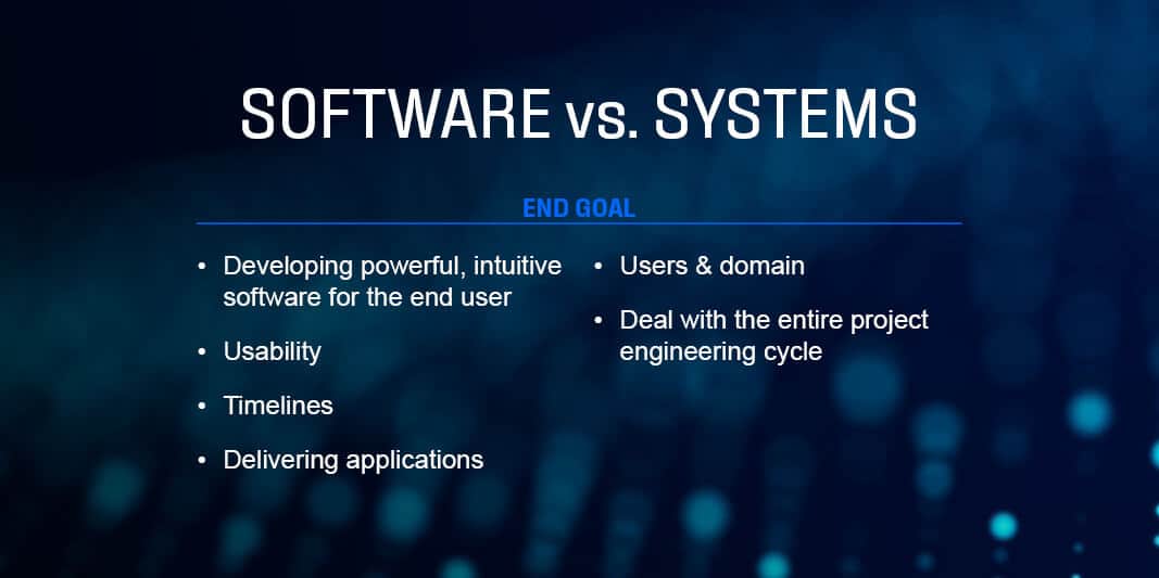 Software Engineer vs. Systems Engineer chart comparing end project goals.