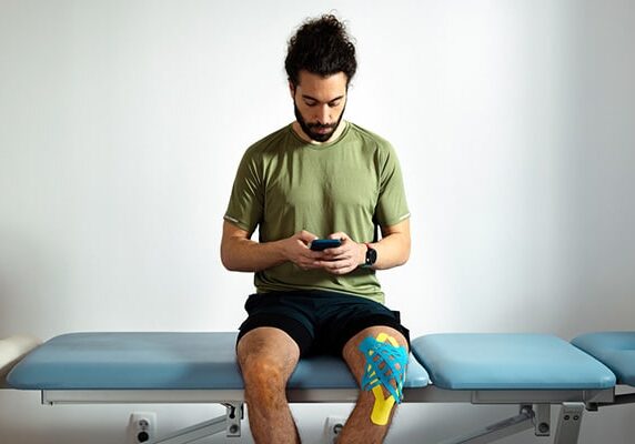 Patient is sitting on the bed in the rehabilitation centre, waiting for physical therapist and looking down at his phone. He has kinezio tape on his knee.